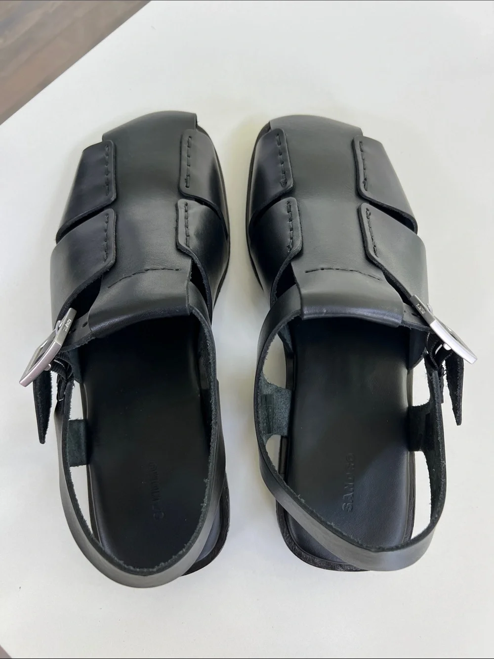 Sandro black leather roman meduse sandals size 44 USA 11